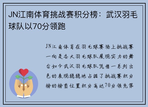 JN江南体育挑战赛积分榜：武汉羽毛球队以70分领跑